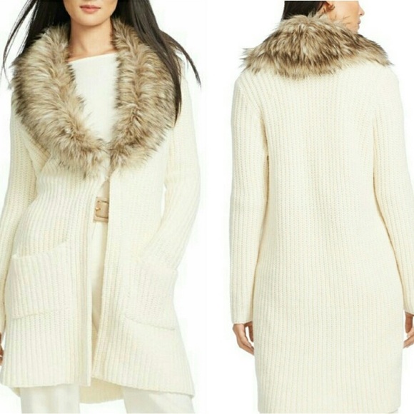 Ralph Lauren Fur Trim Chunky Knit Wool Alpaca Cardigan Sweater Large Faux Fur - Picture 1 of 11